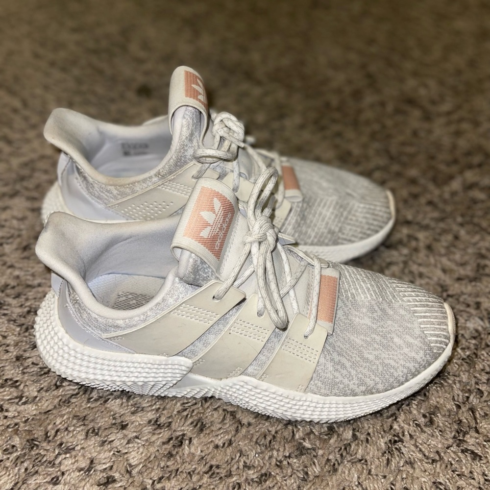 Adidas Gray and Cream Sneakers with Pink Highlights